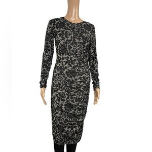 Ganni Anthropologie Elegant Black and Gray Textured Patterned Ruched Dress